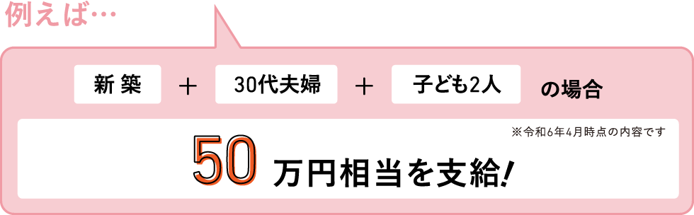 例えば…［新築］+［30代夫婦］+［子ども2人］の場合［50万円相当を支給！ ※令和6年4月時点の内容です］